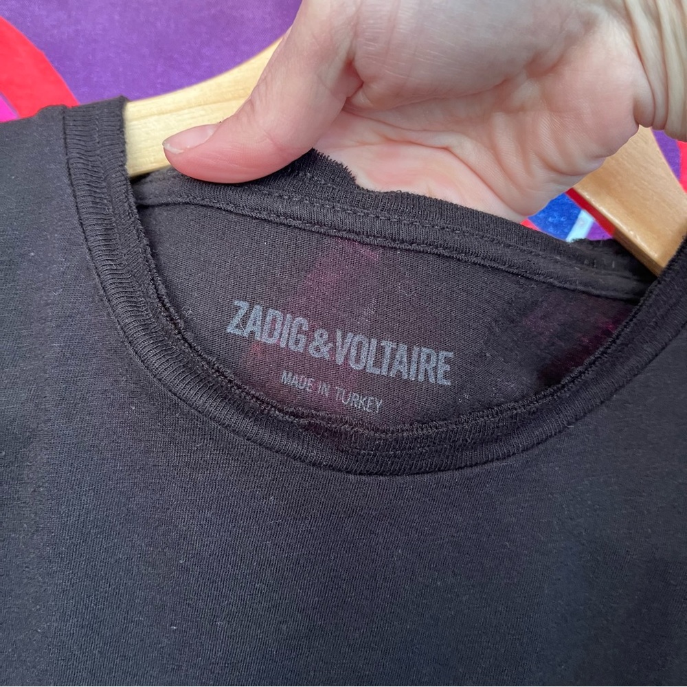 Zadig and Voltaire Skinny Logo Metallic TShirt Gold Black Short Sleeve SHTS1810F - Picture 7 of 13